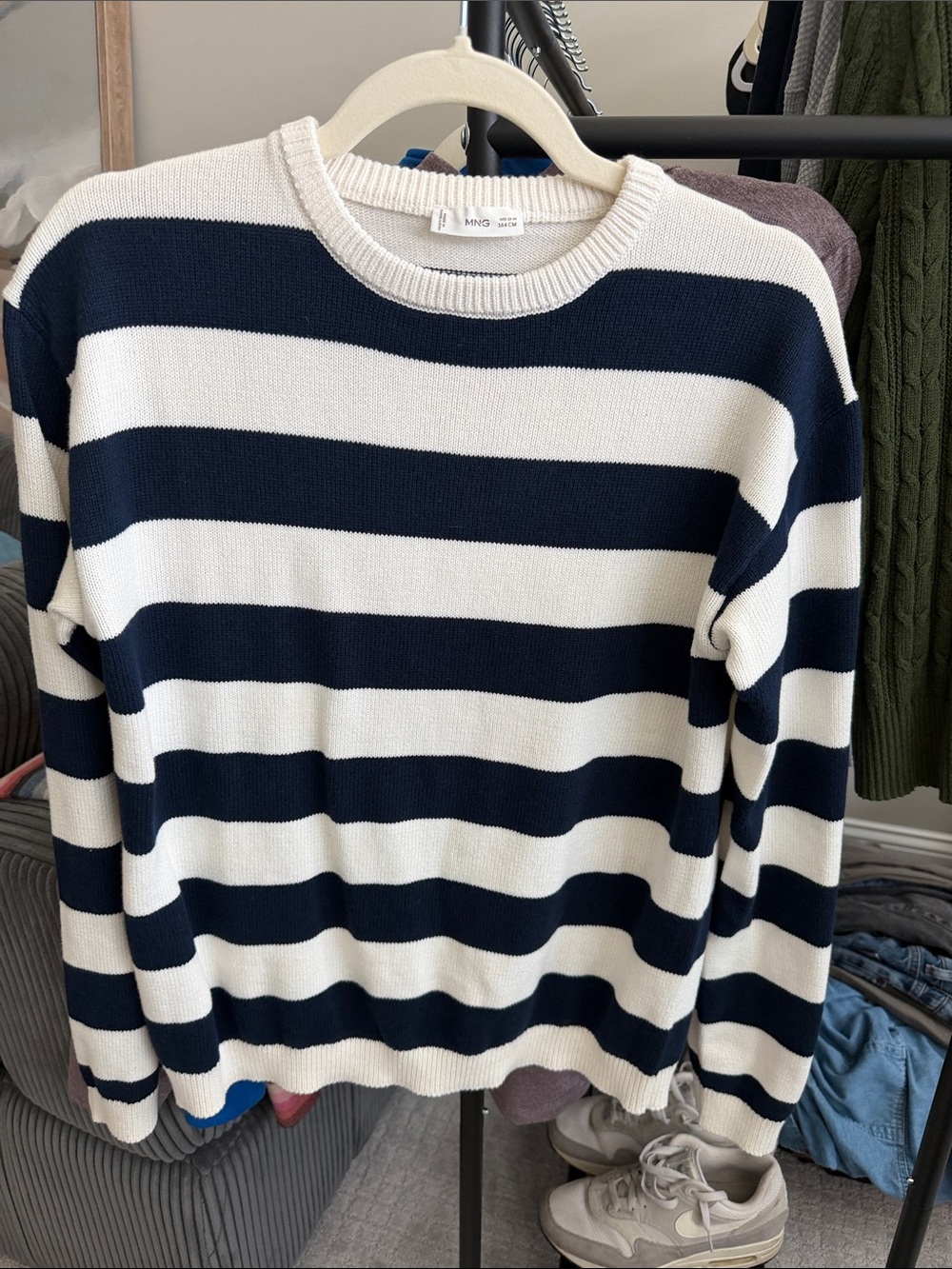 Mango Men Navy and White Striped Crewneck Sweater
